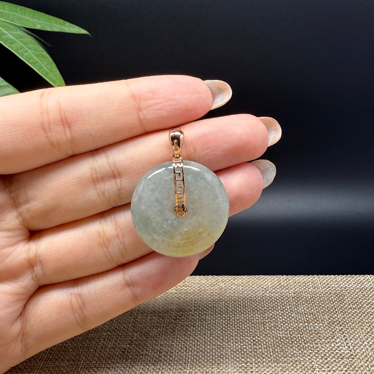 "Good Luck Button" Icy Yellow Green Jadeite Jade Lucky KouKou Pendant With 18K Rose Gold Bail