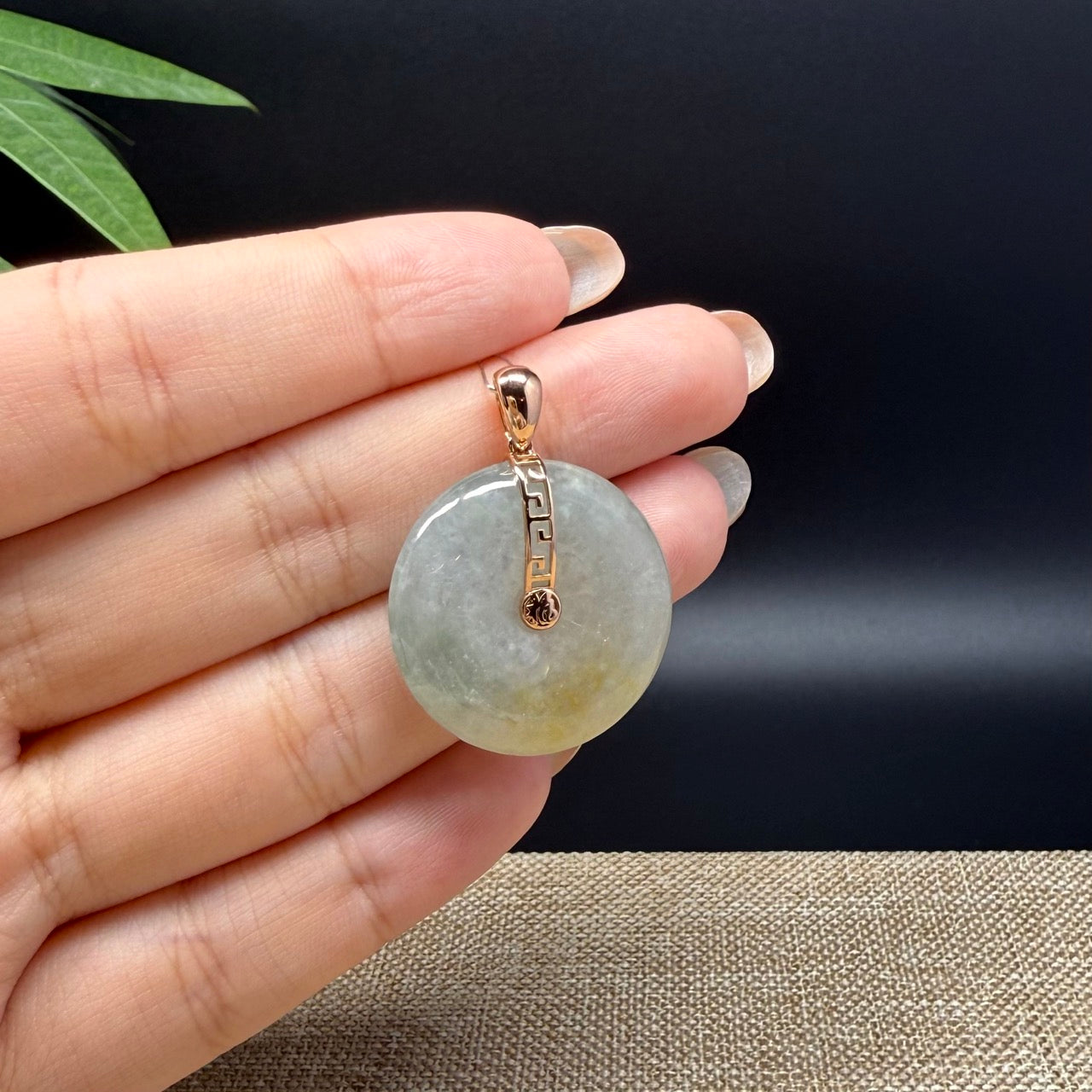 "Good Luck Button" Icy Yellow Green Jadeite Jade Lucky KouKou Pendant With 18K Rose Gold Bail