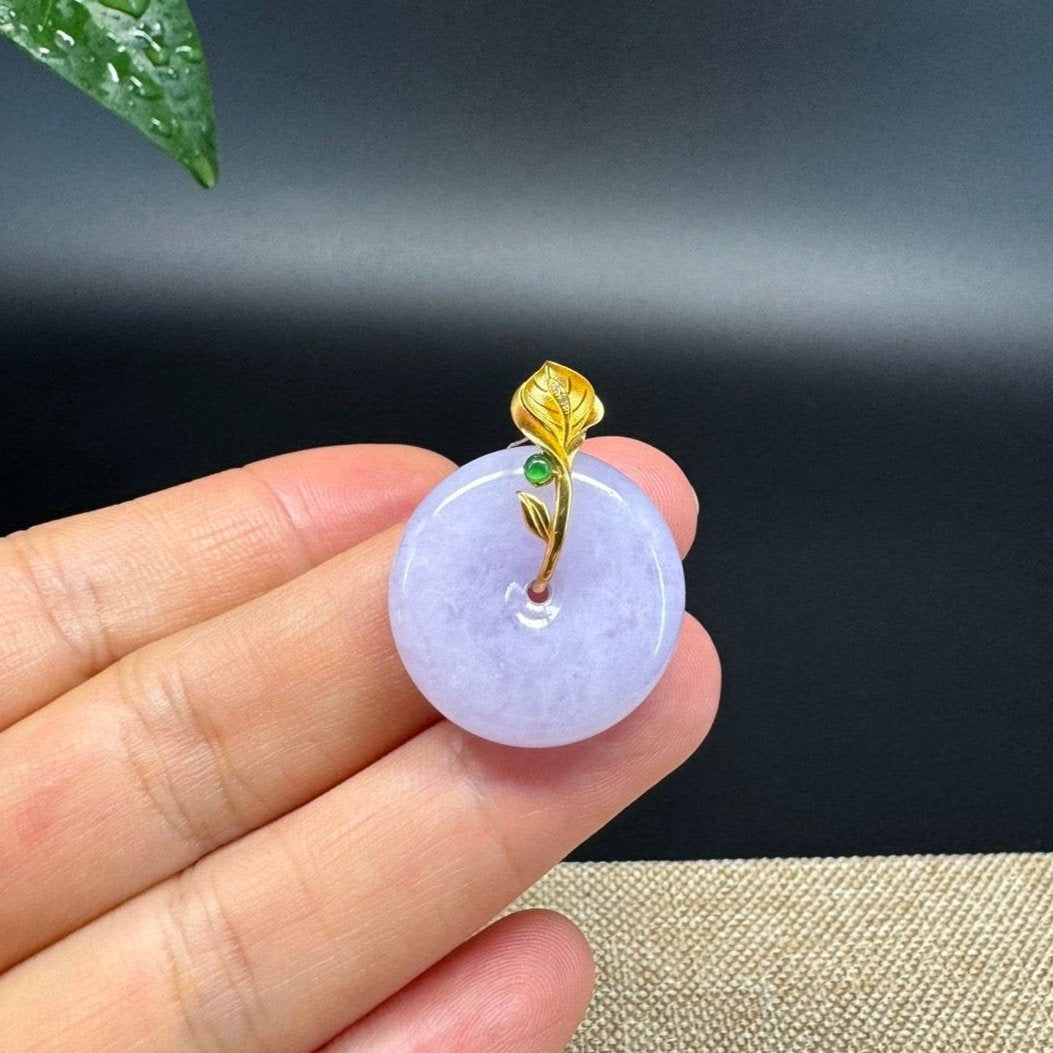 "Good Luck Button" Lavender Jadeite Jade Lucky KouKou Pendant With 18K Yellow Gold  Bail