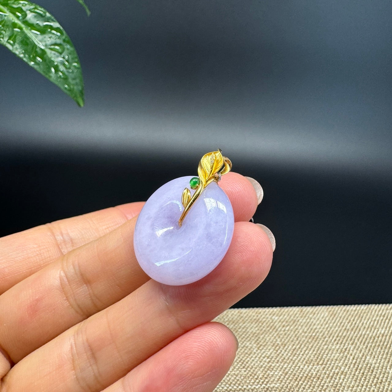 "Good Luck Button" Lavender Jadeite Jade Lucky KouKou Pendant With 18K Yellow Gold  Bail