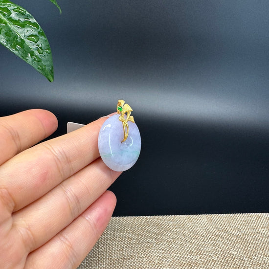 "Good Luck Button" Lavender Jadeite Jade Lucky KouKou Pendant With 18K Yellow Gold Bail