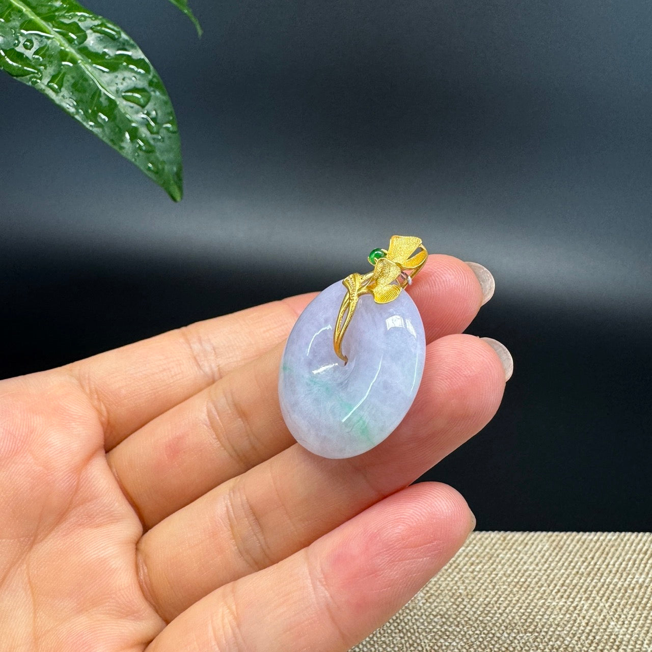 "Good Luck Button" Lavender Jadeite Jade Lucky KouKou Pendant With 18K Yellow Gold Bail