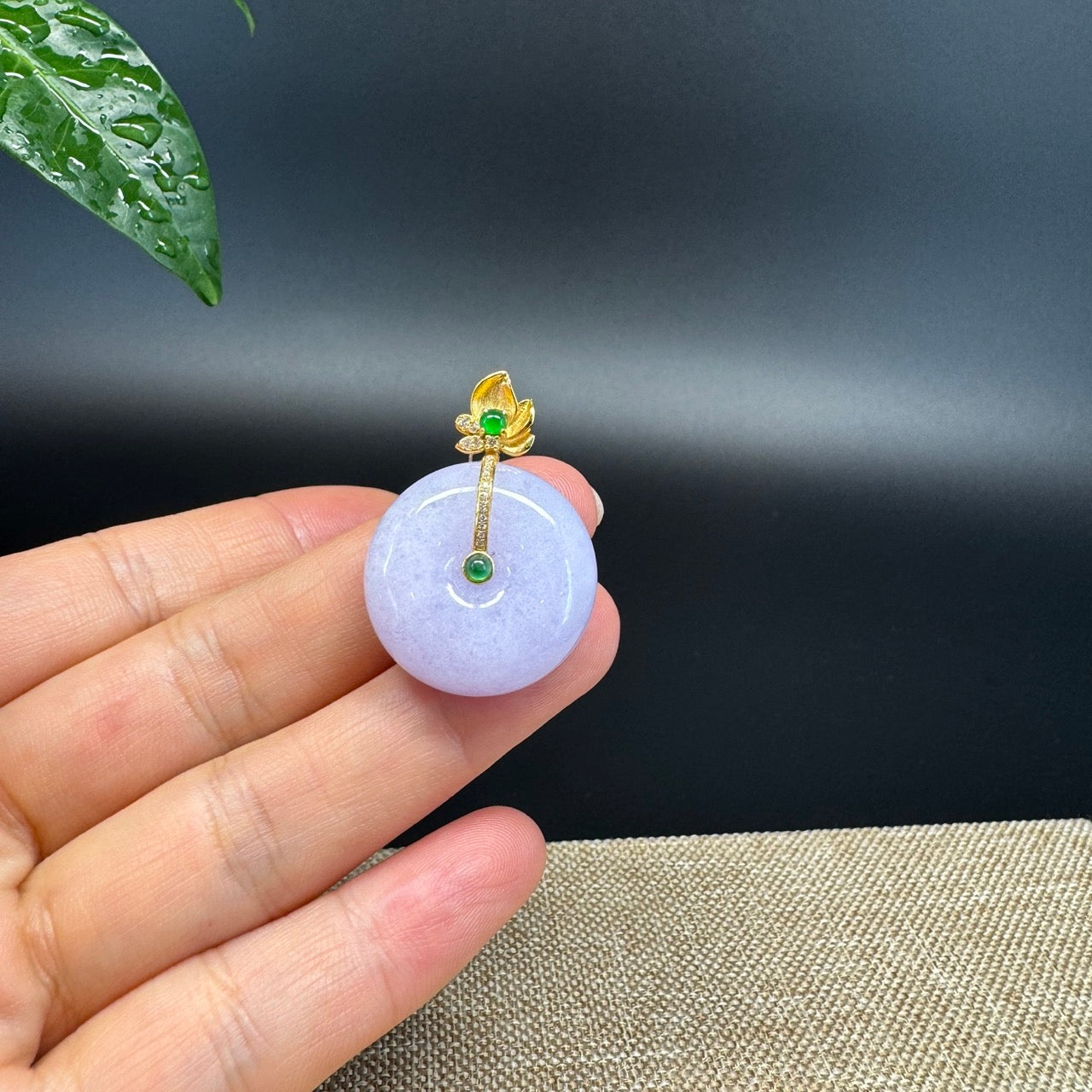 "Good Luck Button" Lavender Jadeite Jade Lucky KouKou Pendant With 18K Yellow Gold Bail