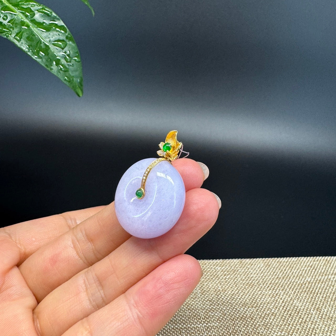 "Good Luck Button" Lavender Jadeite Jade Lucky KouKou Pendant With 18K Yellow Gold Bail