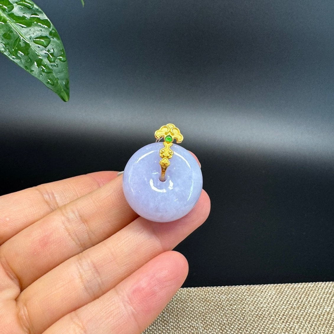 "Good Luck Button" Lavender Jadeite Jade Lucky KouKou Pendant With 18K Yellow Gold Bail