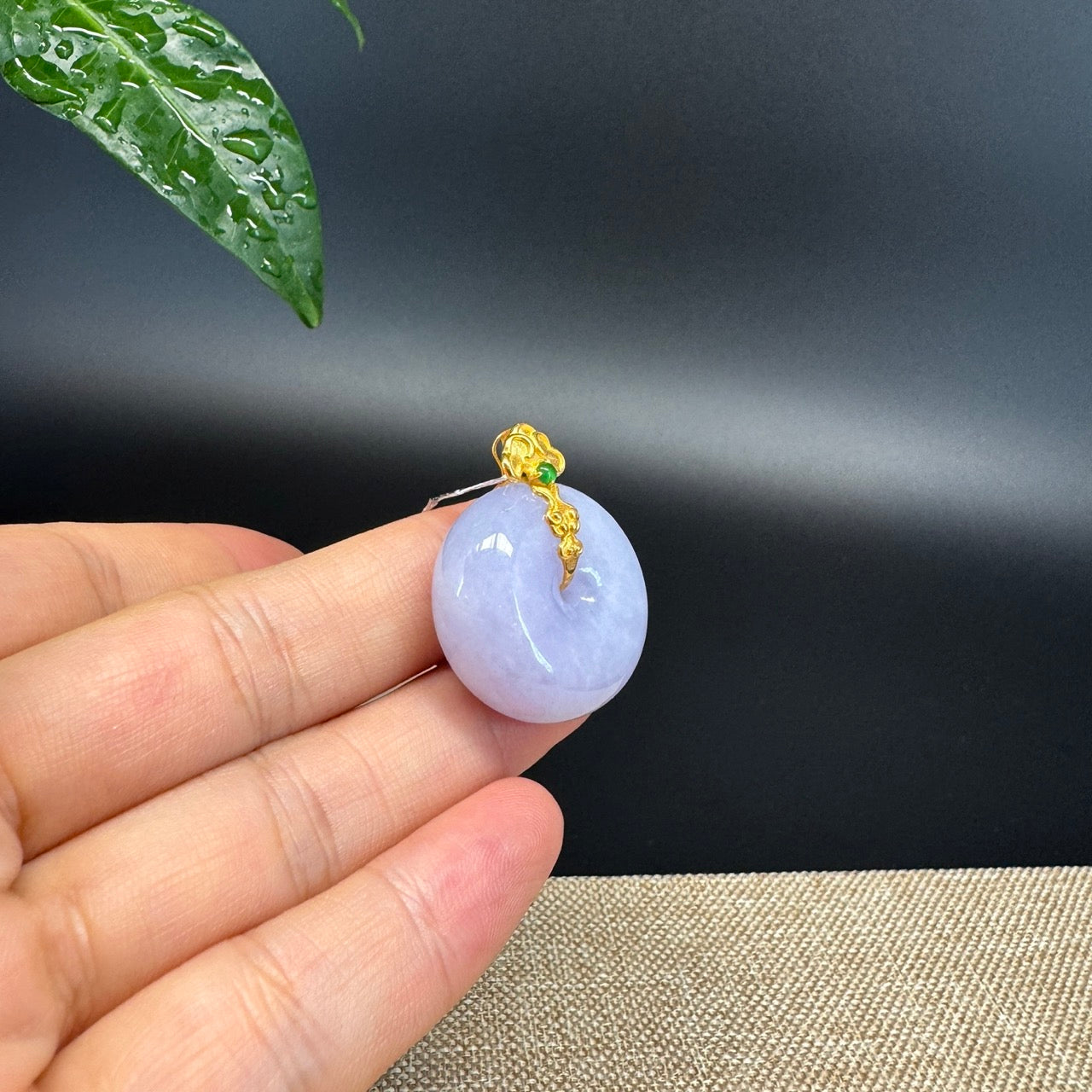 "Good Luck Button" Lavender Jadeite Jade Lucky KouKou Pendant With 18K Yellow Gold Bail