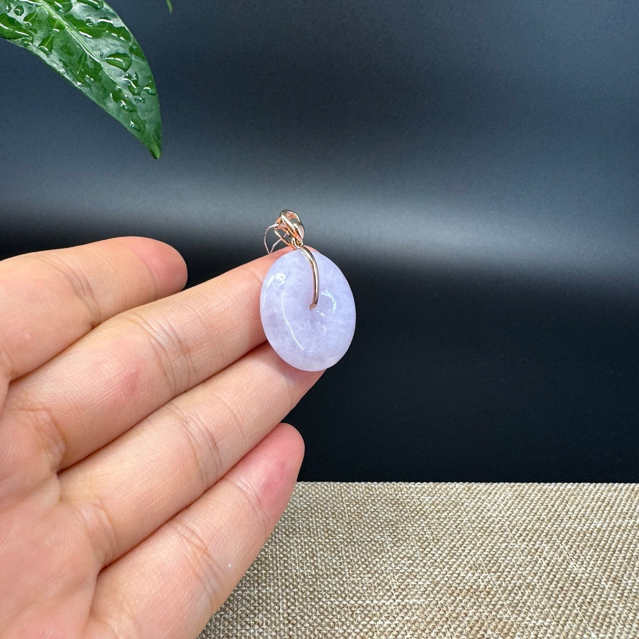 "Good Luck Button" Lavender Jadeite Jade Lucky KouKou Pendant With 14K Rose Gold Bail