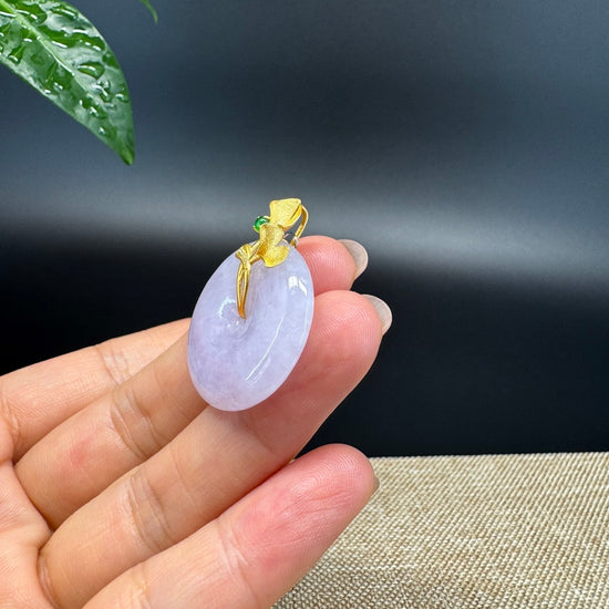 "Good Luck Button" Lavender Jadeite Jade Lucky KouKou Pendant With 18K Yellow Gold Bail