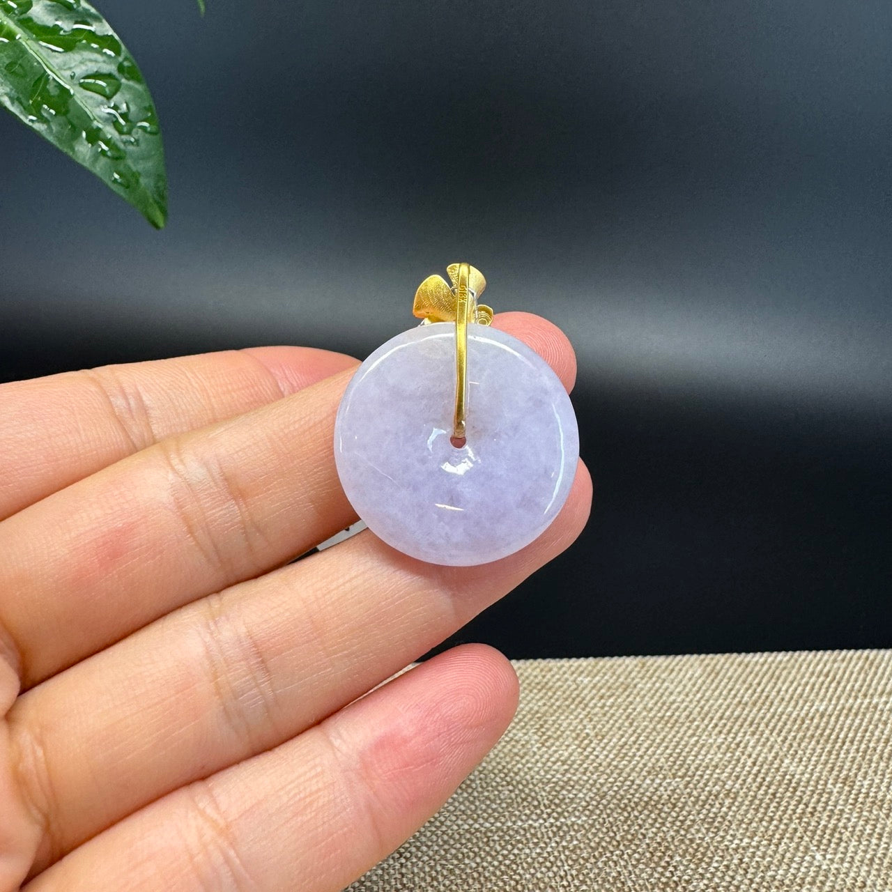 "Good Luck Button" Lavender Jadeite Jade Lucky KouKou Pendant With 18K Yellow Gold Bail