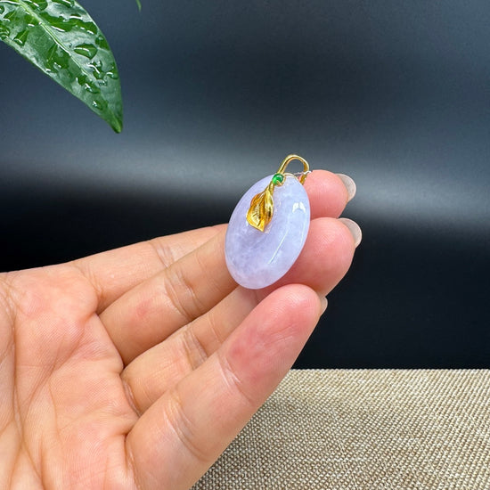 "Good Luck Button" Lavender Jadeite Jade Lucky KouKou Pendant With 18K Yellow Gold Bail