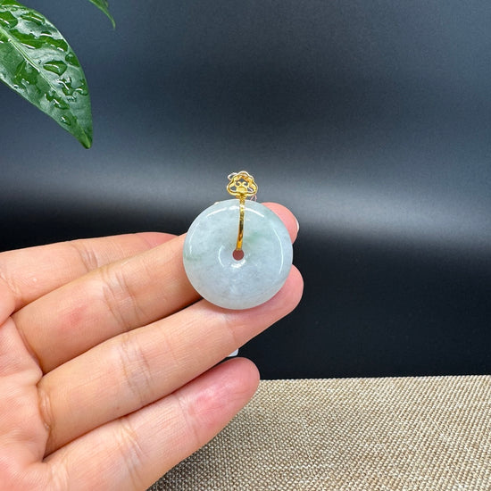 "Good Luck Button" Green Jadeite Jade Lucky KouKou Pendant With 18K Yellow Gold