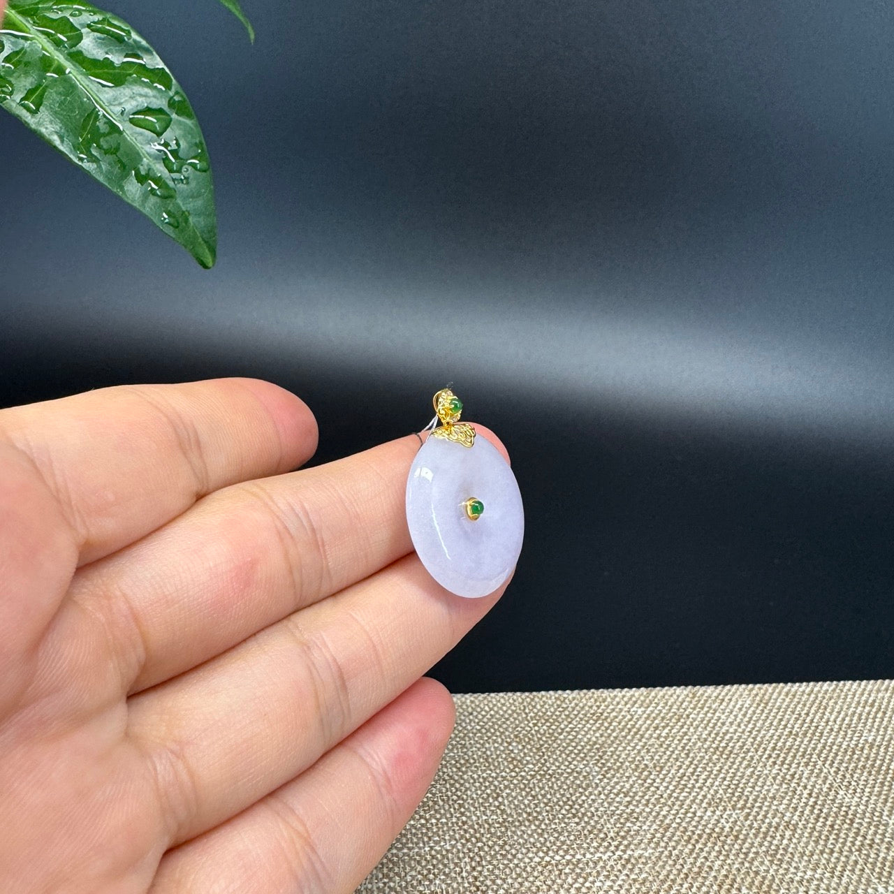 "Good Luck Button" Lavender Jadeite Jade Lucky KouKou Pendant With 18K Yellow Gold  Bail