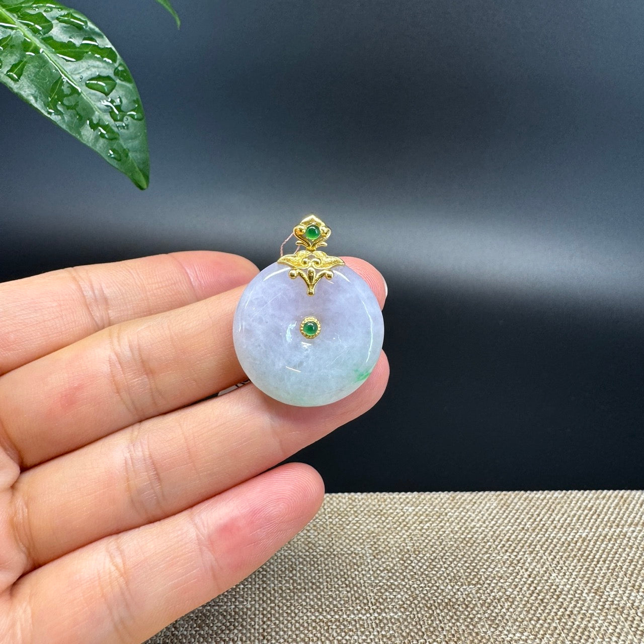 "Good Luck Button" Lavender Green Jadeite Jade Lucky KouKou Pendant With 18K Yellow Gold  Bail