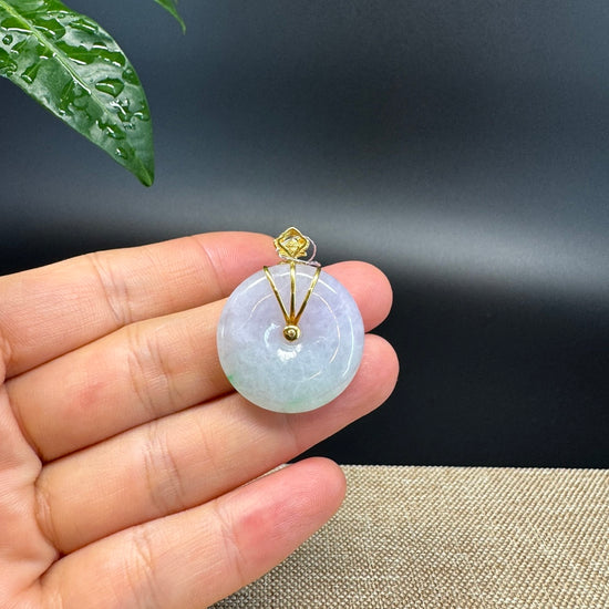 "Good Luck Button" Lavender Green Jadeite Jade Lucky KouKou Pendant With 18K Yellow Gold  Bail