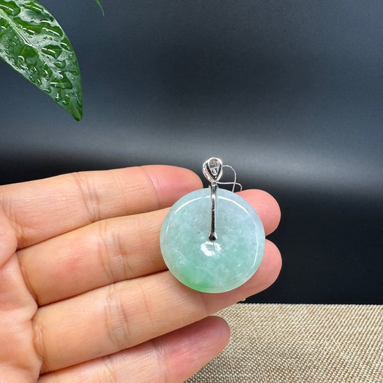 "Good Luck Button" Green Jadeite Jade Lucky KouKou Pendant With 18K White Gold  Bail