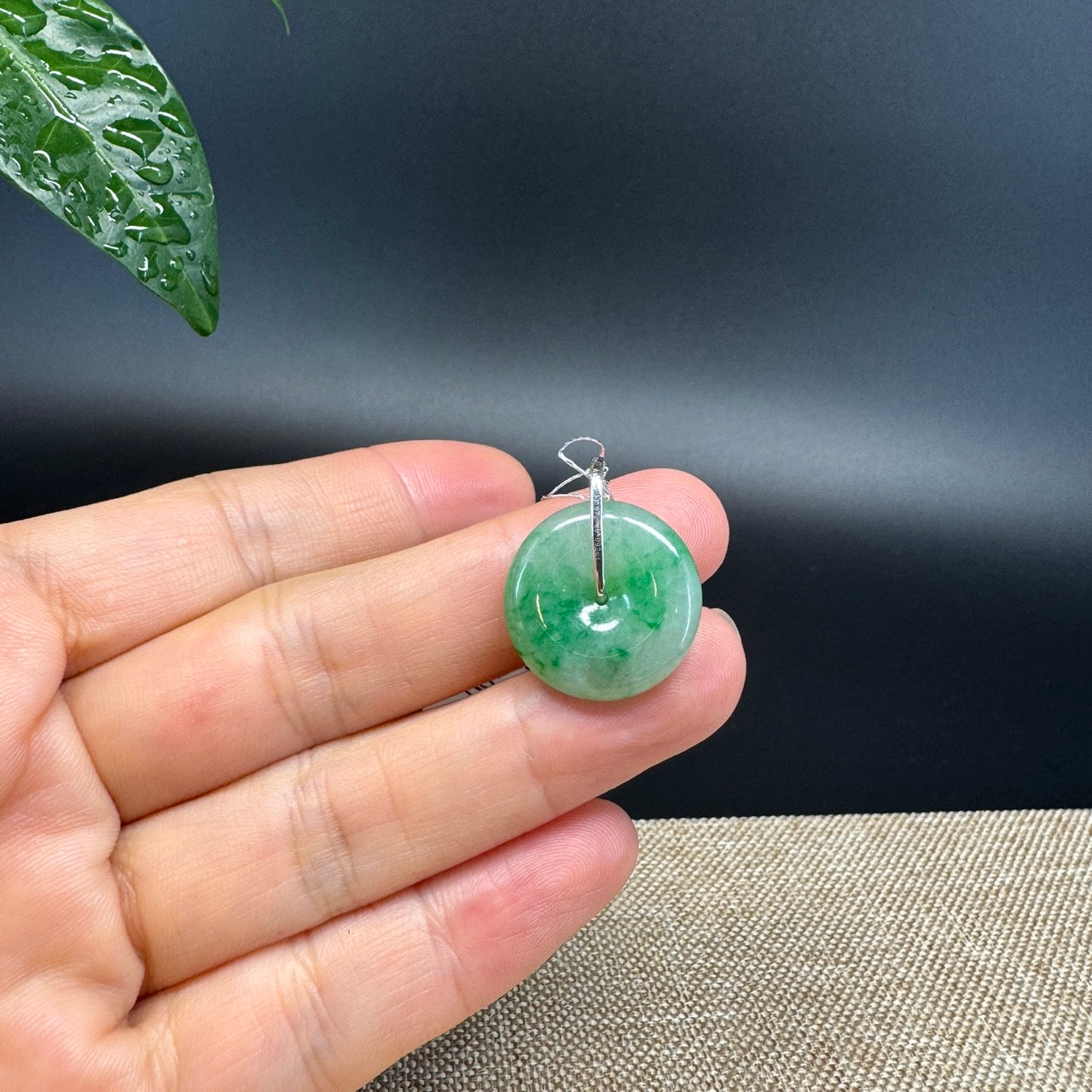 "Good Luck Button" Green Jadeite Jade Lucky KouKou Pendant With 18K White Gold Diamond Bail