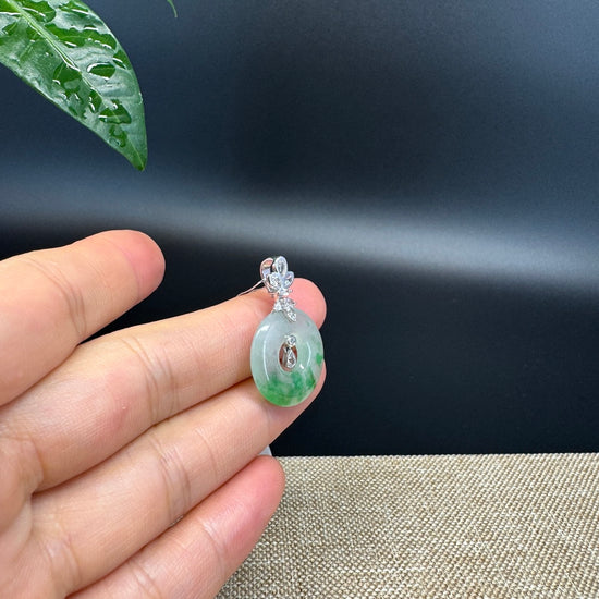 "Good Luck Button" Icy Green Jadeite Jade Lucky KouKou Pendant With 18K White Gold Diamond Bail