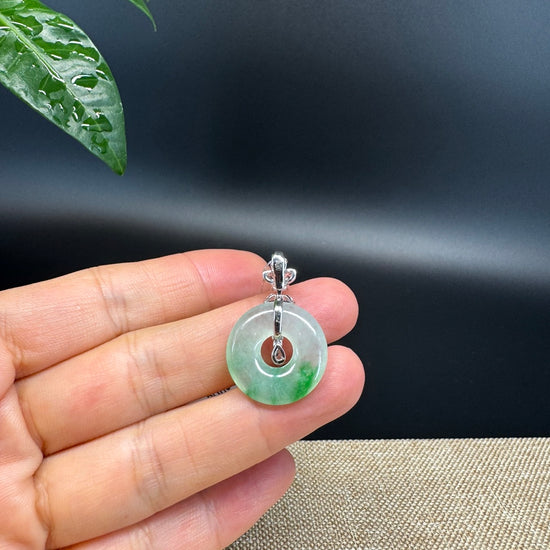 "Good Luck Button" Icy Green Jadeite Jade Lucky KouKou Pendant With 18K White Gold Diamond Bail