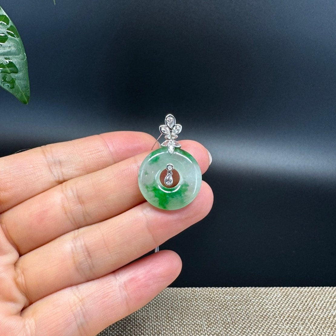 "Good Luck Button" Icy Green Jadeite Jade Lucky KouKou Pendant With 18K White Gold Diamond Bail