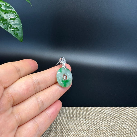 "Good Luck Button" Icy Green Jadeite Jade Lucky KouKou Pendant With 18K White Gold Diamond Bail