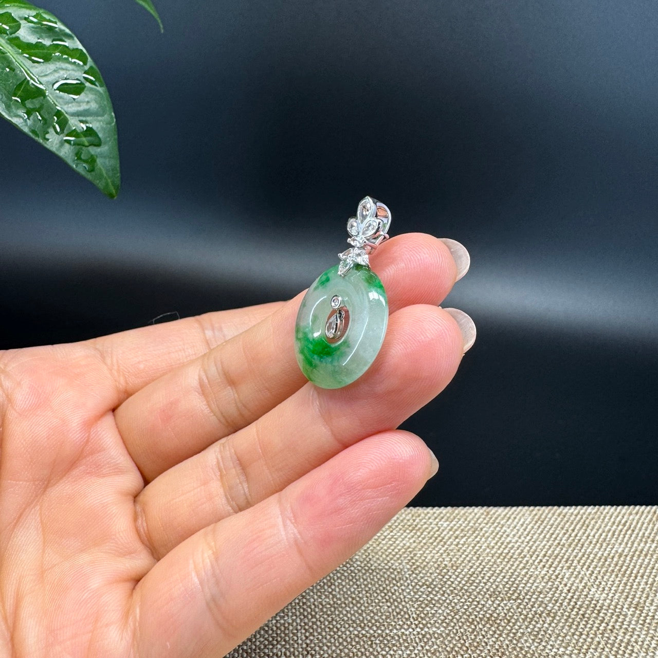 "Good Luck Button" Icy Green Jadeite Jade Lucky KouKou Pendant With 18K White Gold Diamond Bail