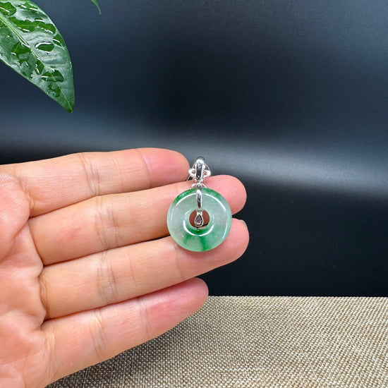 "Good Luck Button" Icy Green Jadeite Jade Lucky KouKou Pendant With 18K White Gold Diamond Bail