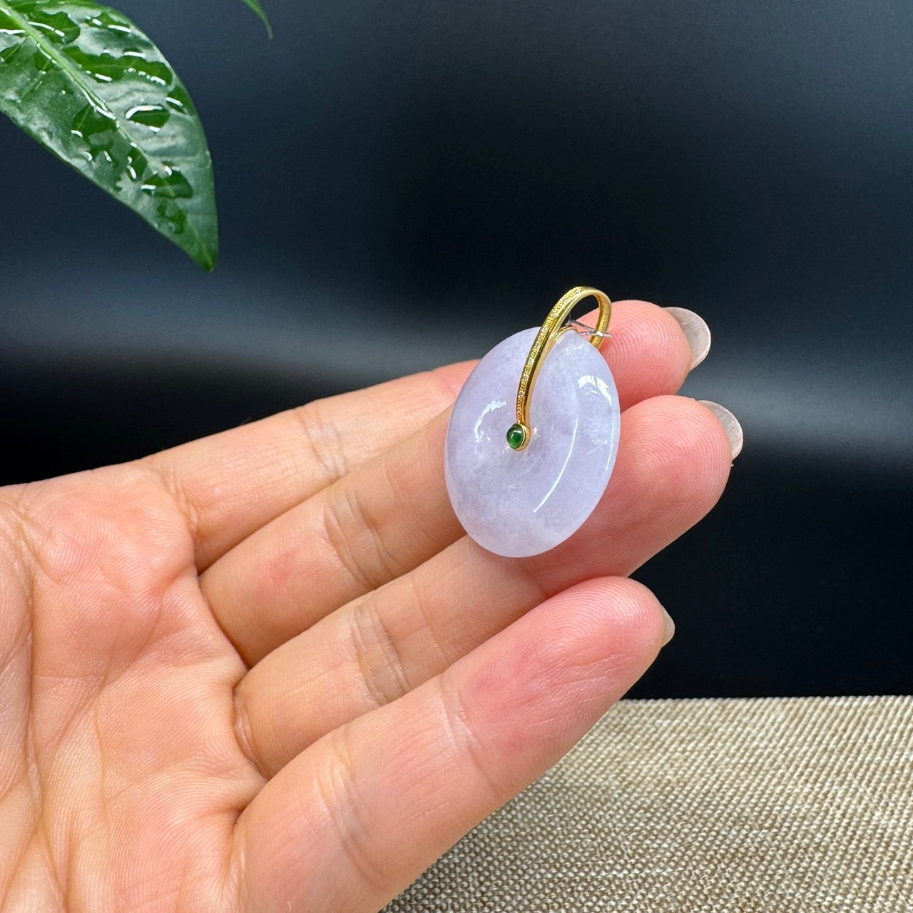 "Good Luck Button" Lavender Jadeite Jade Lucky KouKou Pendant With 18K Yellow Gold Diamond Bail