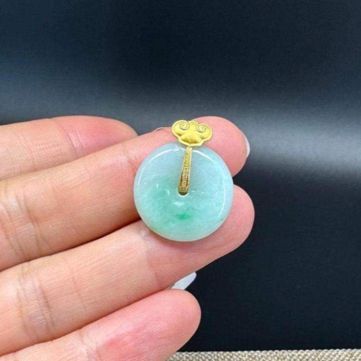 "Good Luck Button" Green Jadeite Jade Lucky KouKou Pendant With 18K Yellow Gold Bail