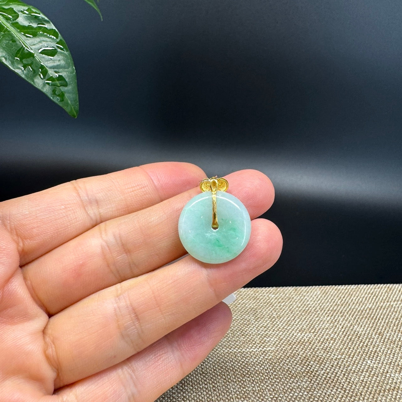 "Good Luck Button" Green Jadeite Jade Lucky KouKou Pendant With 18K Yellow Gold Bail