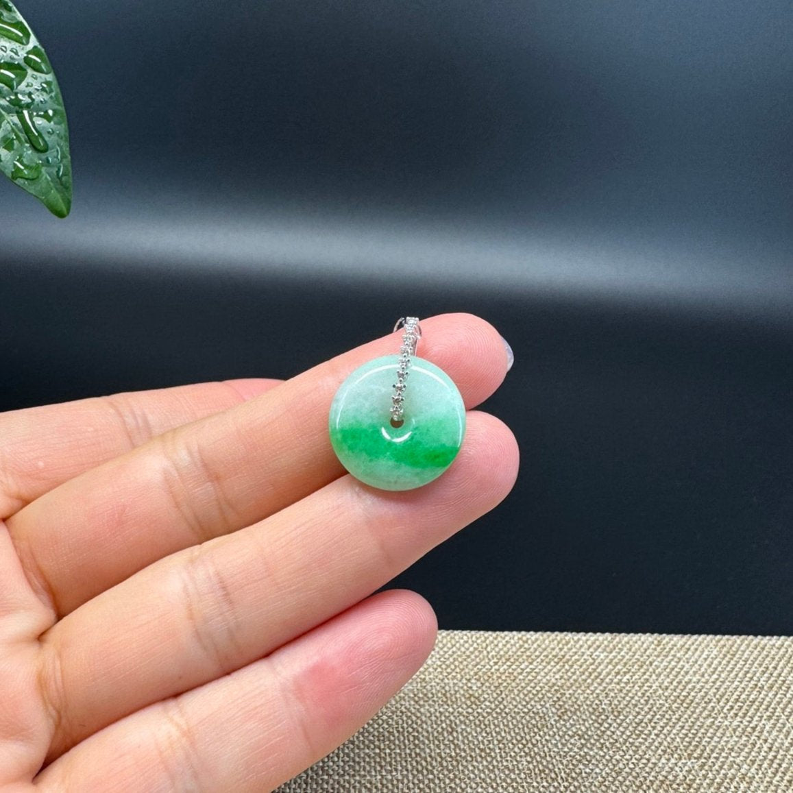 "Good Luck Button" Green Jadeite Jade Lucky KouKou Pendant With 18K White Gold Diamond Bail