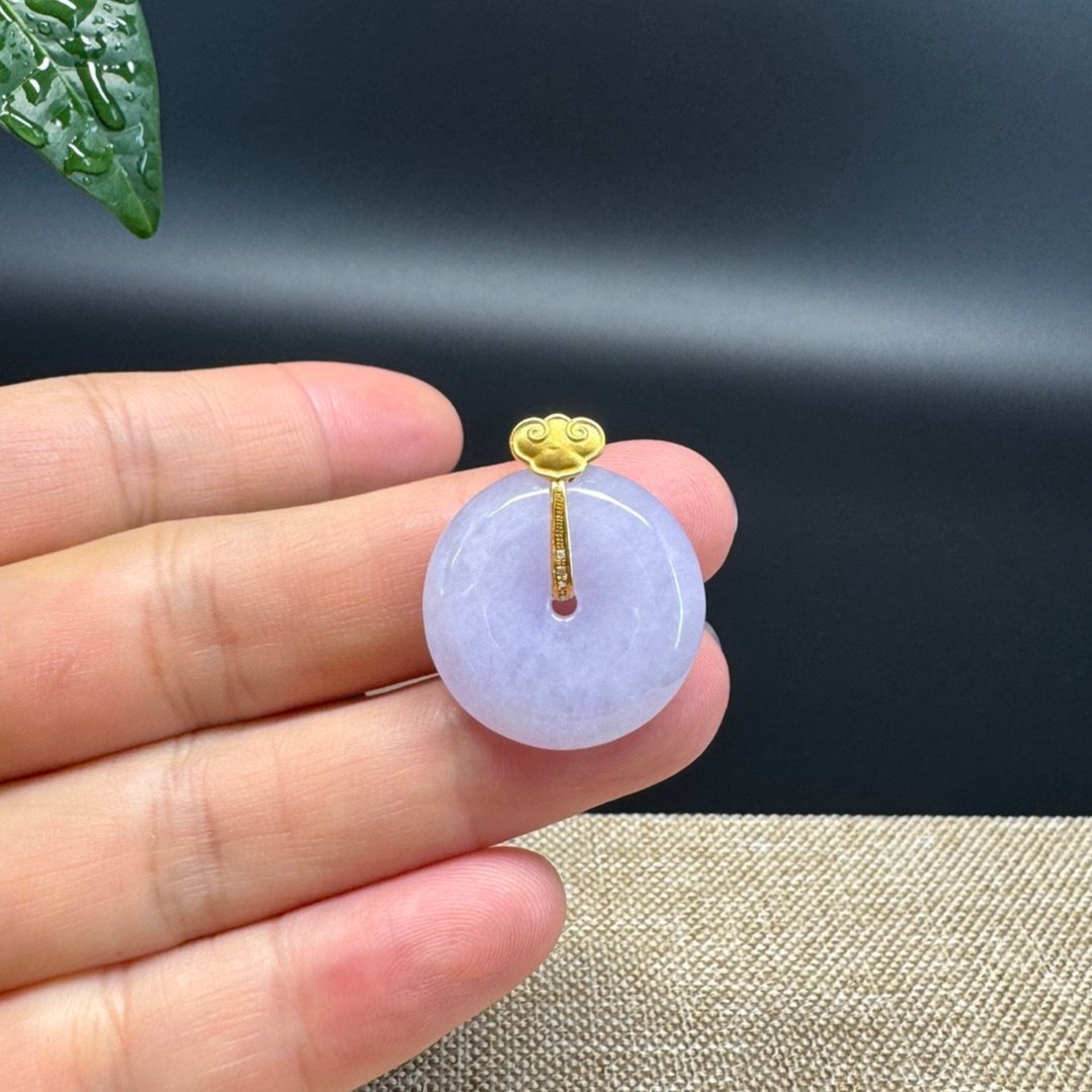 "Good Luck Button" Lavender Jadeite Jade Lucky KouKou Pendant With 18K Yellow Gold Bail