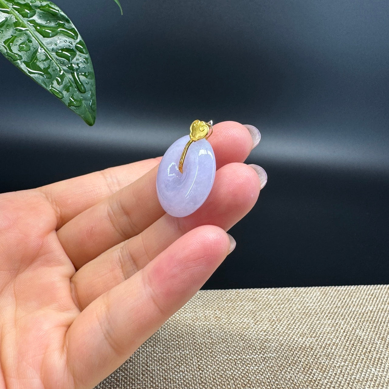 "Good Luck Button" Lavender Jadeite Jade Lucky KouKou Pendant With 18K Yellow Gold Bail