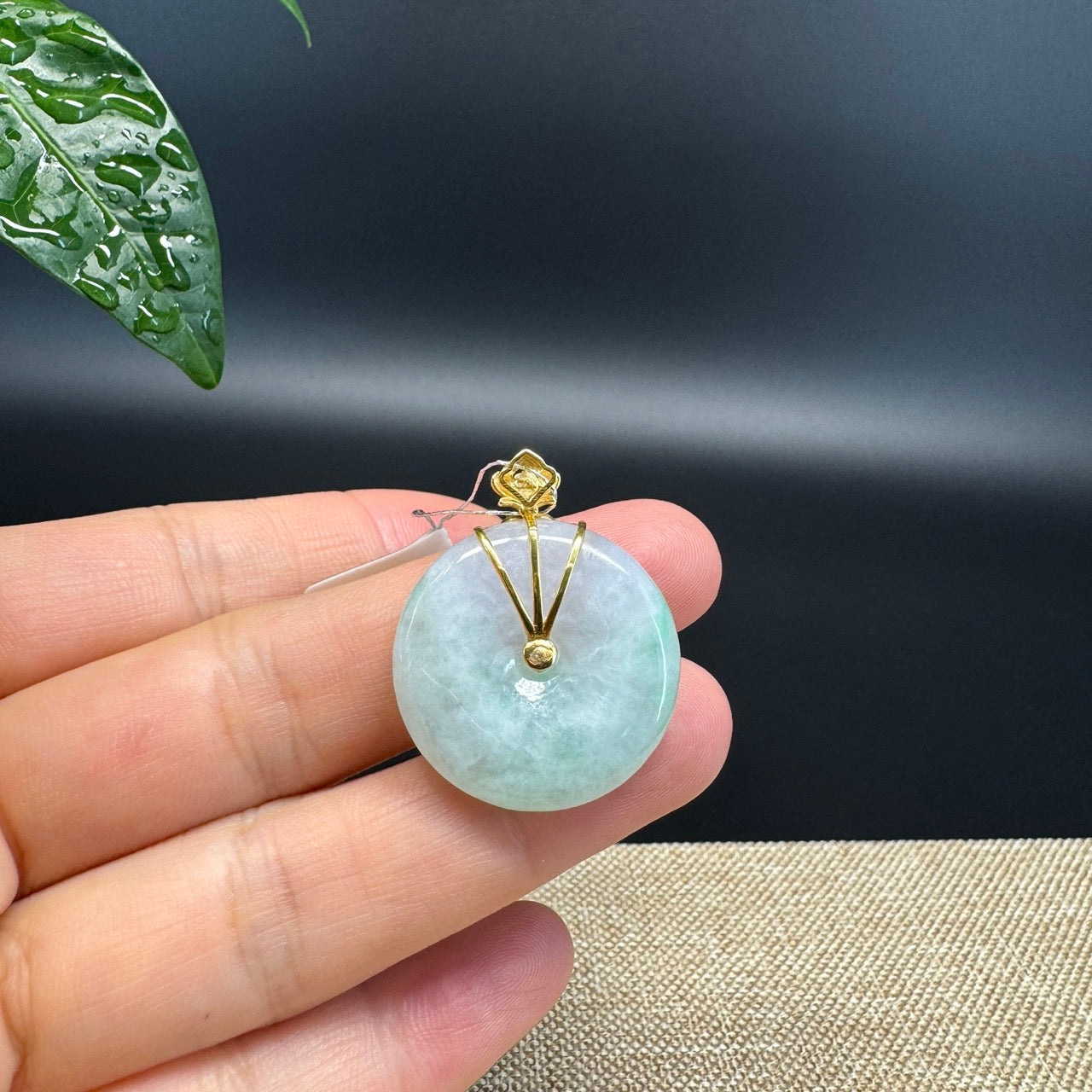 "Good Luck Button" Green Jadeite Jade Lucky KouKou Pendant With 18K Yellow Gold Diamond Bail