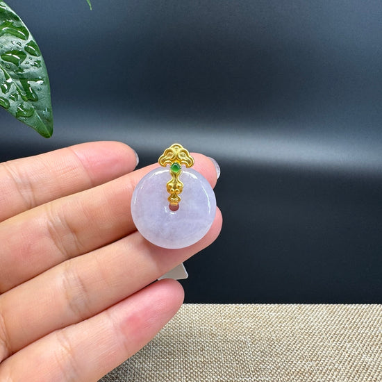 "Good Luck Button" Lavender Jadeite Jade Lucky KouKou Pendant With 18K Yellow Gold  Bail