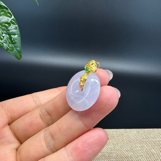 "Good Luck Button" Lavender Jadeite Jade Lucky KouKou Pendant With 18K Yellow Gold  Bail