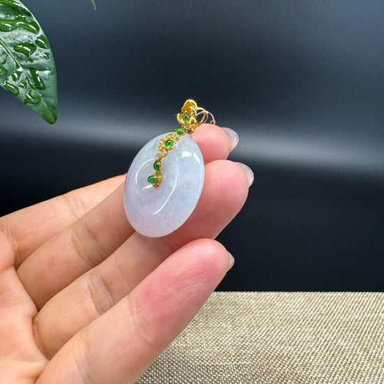 "Good Luck Button" Lavender Jadeite Jade Lucky KouKou Pendant With 18K Yellow Gold  Bail