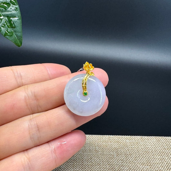 "Good Luck Button" Lavender Jadeite Jade Lucky KouKou Pendant With 18K Yellow Gold  Bail