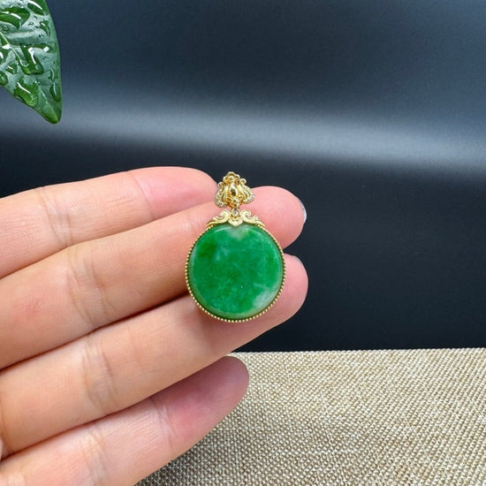 "Good Luck Button"Green Jadeite Jade Lucky KouKou Pendant With 18K Yellow Gold  Bail