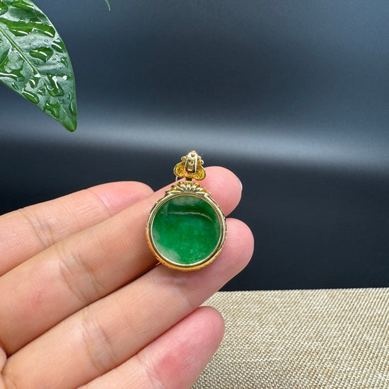 "Good Luck Button"Green Jadeite Jade Lucky KouKou Pendant With 18K Yellow Gold  Bail