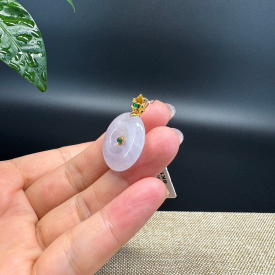 "Good Luck Button" Ice Jadeite Jade Lucky KouKou Pendant With 18K Yellow Gold  Bail