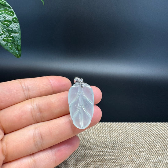 RealJade® Co. Genuine Ice Green Jadeite Jade Jin Zhi Yu Ye (Leaf) Necklace With 18K White Gold Bail