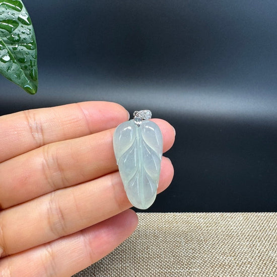 RealJade® Co. Genuine Ice Green Jadeite Jade Jin Zhi Yu Ye (Leaf) Necklace With 18K White Gold Bail