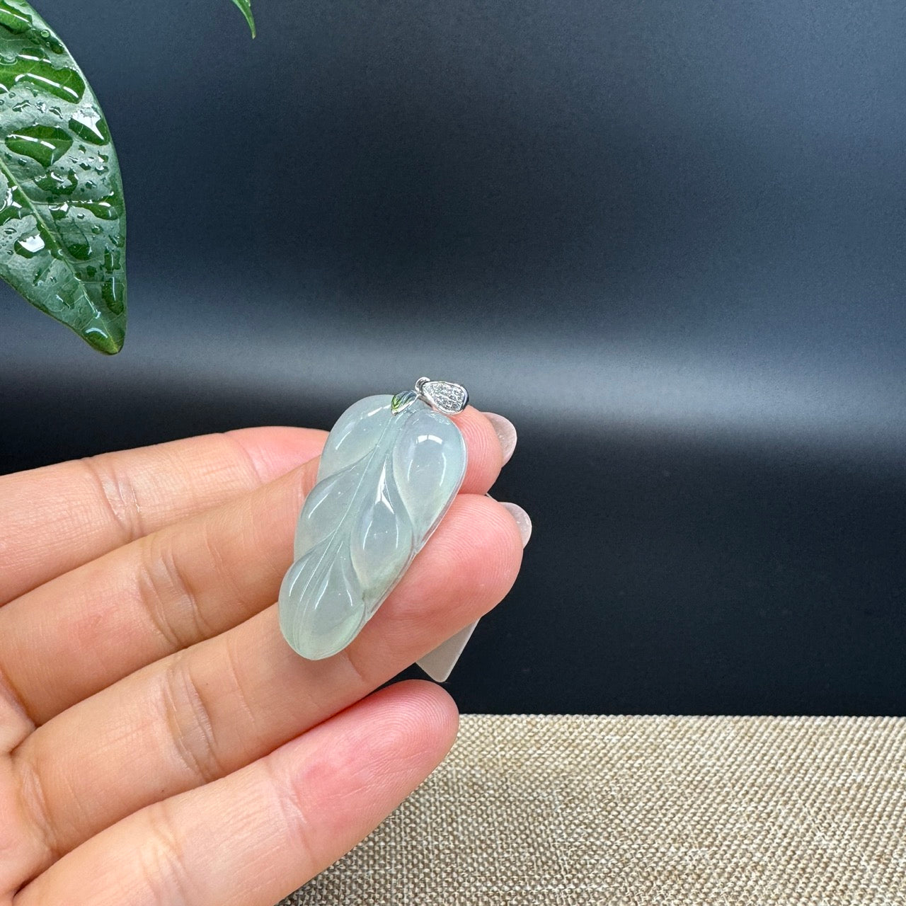 RealJade® Co. Genuine Ice Green Jadeite Jade Jin Zhi Yu Ye (Leaf) Necklace With 18K White Gold Bail