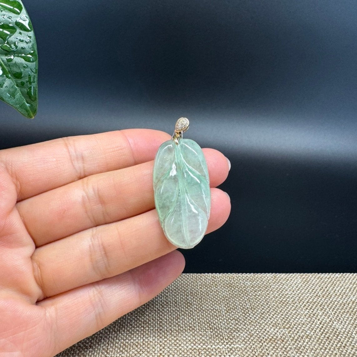 RealJade® Co. Genuine Ice Green Jadeite Jade Jin Zhi Yu Ye (Leaf) Necklace With 18K Rose Gold Bail