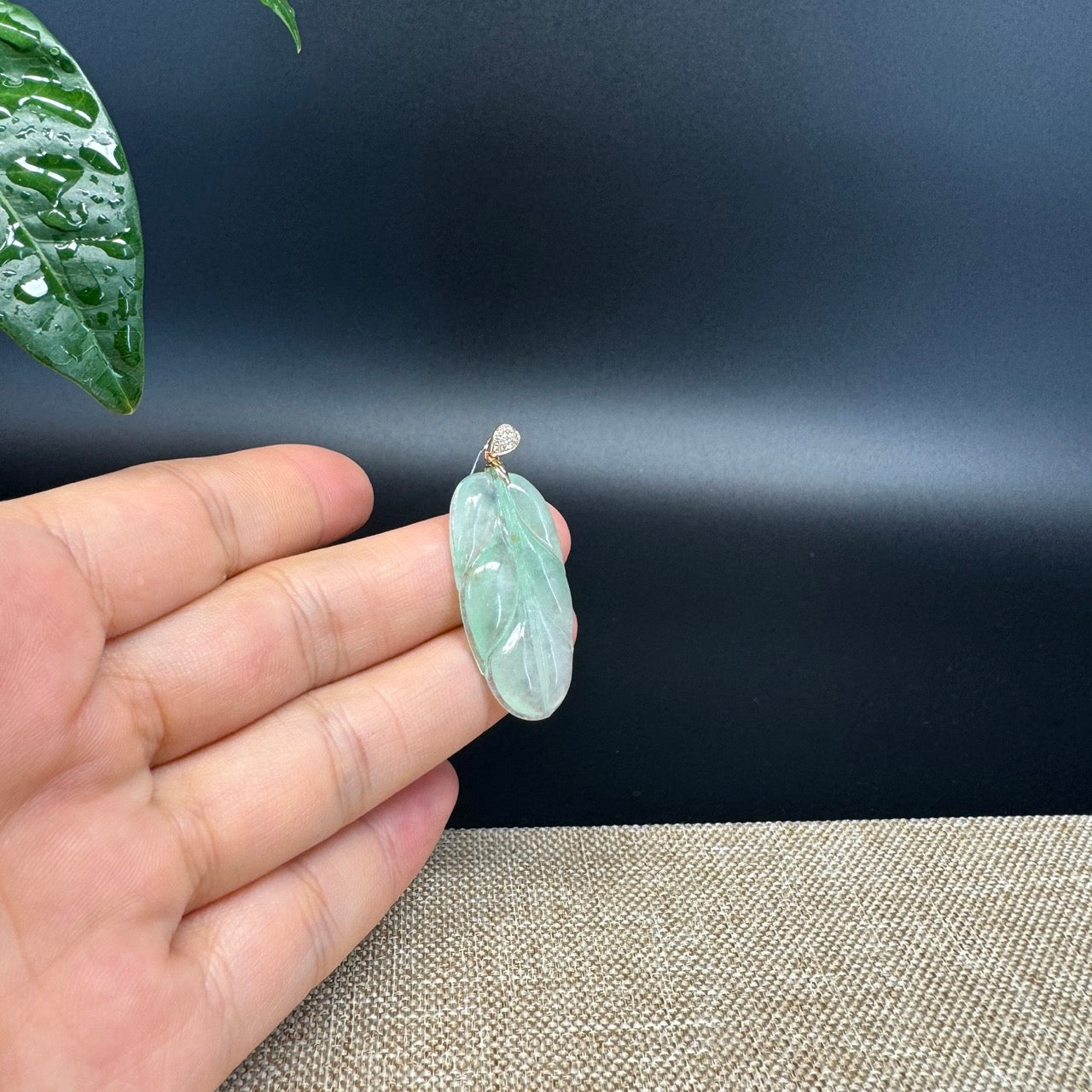 RealJade® Co. Genuine Ice Green Jadeite Jade Jin Zhi Yu Ye (Leaf) Necklace With 18K Rose Gold Bail