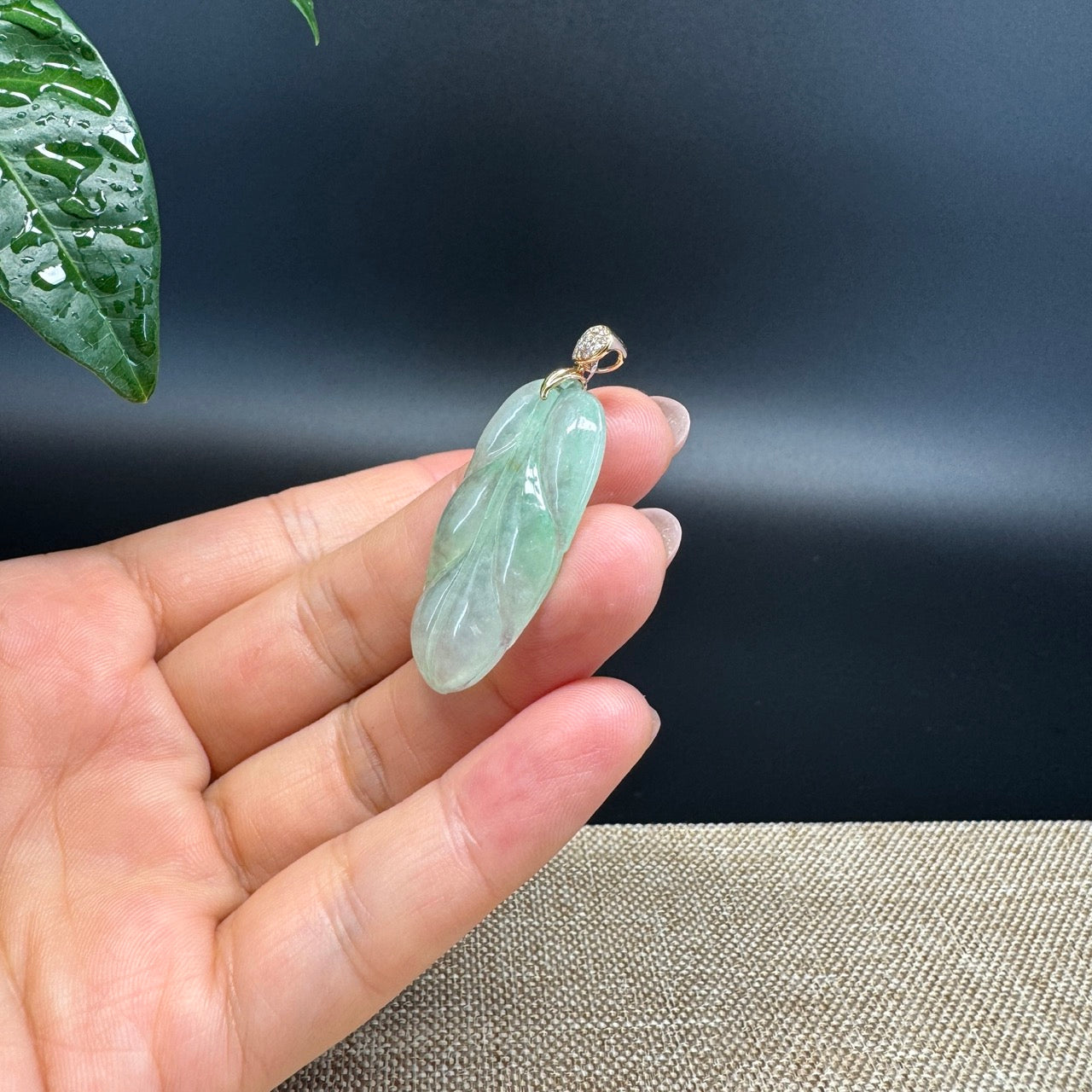 RealJade® Co. Genuine Ice Green Jadeite Jade Jin Zhi Yu Ye (Leaf) Necklace With 18K Rose Gold Bail