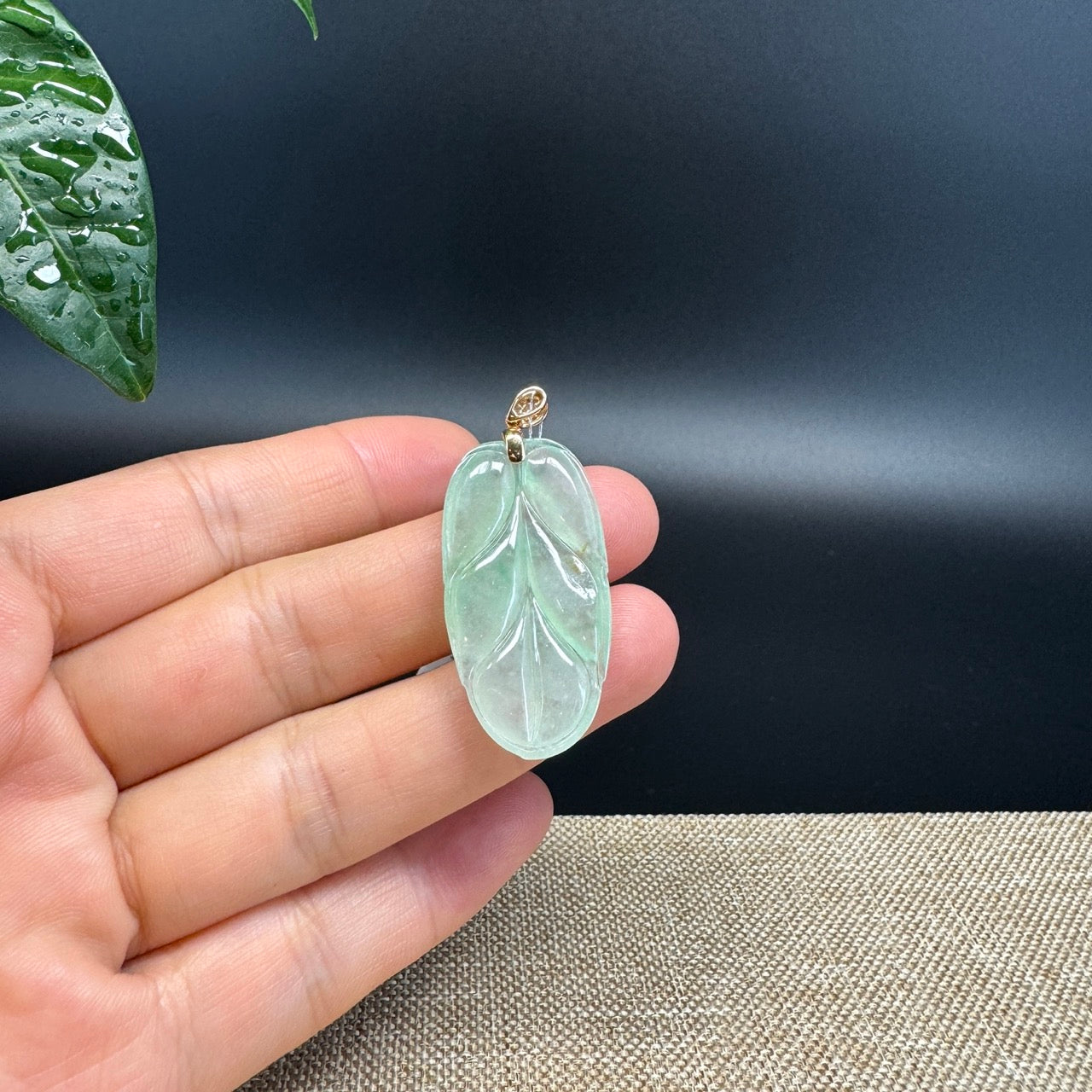 RealJade® Co. Genuine Ice Green Jadeite Jade Jin Zhi Yu Ye (Leaf) Necklace With 18K Rose Gold Bail