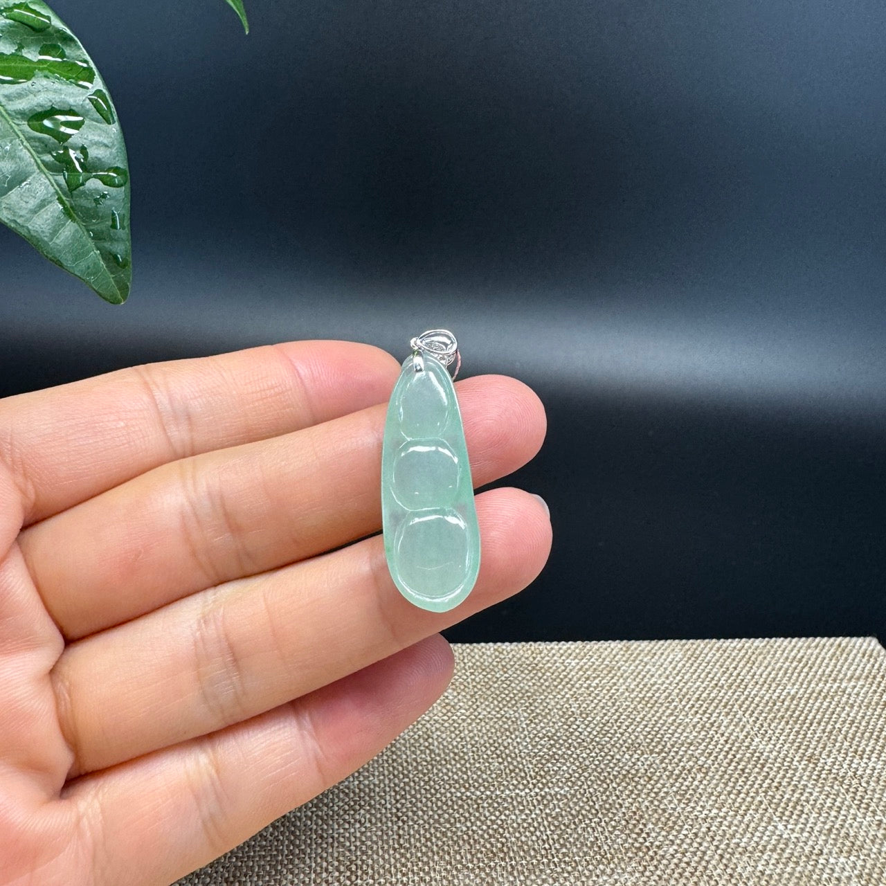 RealJade® Co. Genuine Icy Green  Jadeite Jade Bean Necklace With 18K White Gold Bail