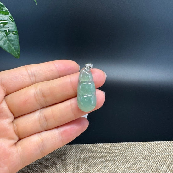 RealJade® Co. Genuine Icy Green  Jadeite Jade Bean Necklace With 18K White Gold Bail