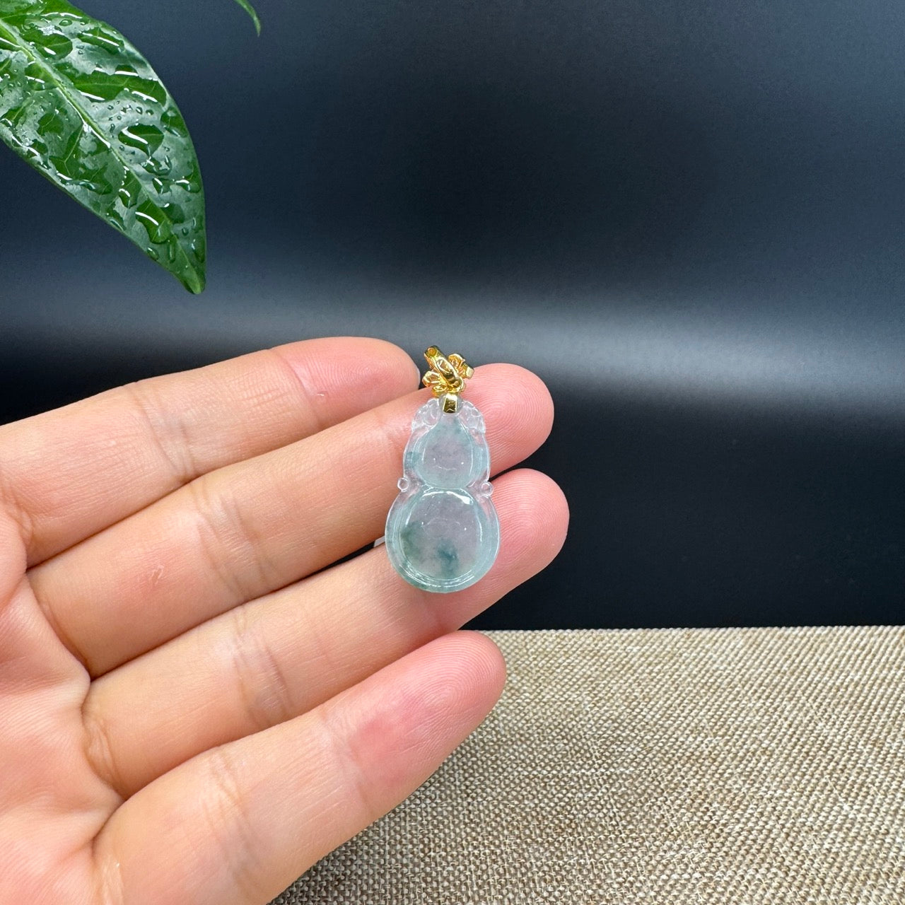 RealJade® Co. Genuine Ice Blue Green Jadeite Jade Good Luck Hulu Bottle Gourd Necklace With 18K Yellow Gold Bail